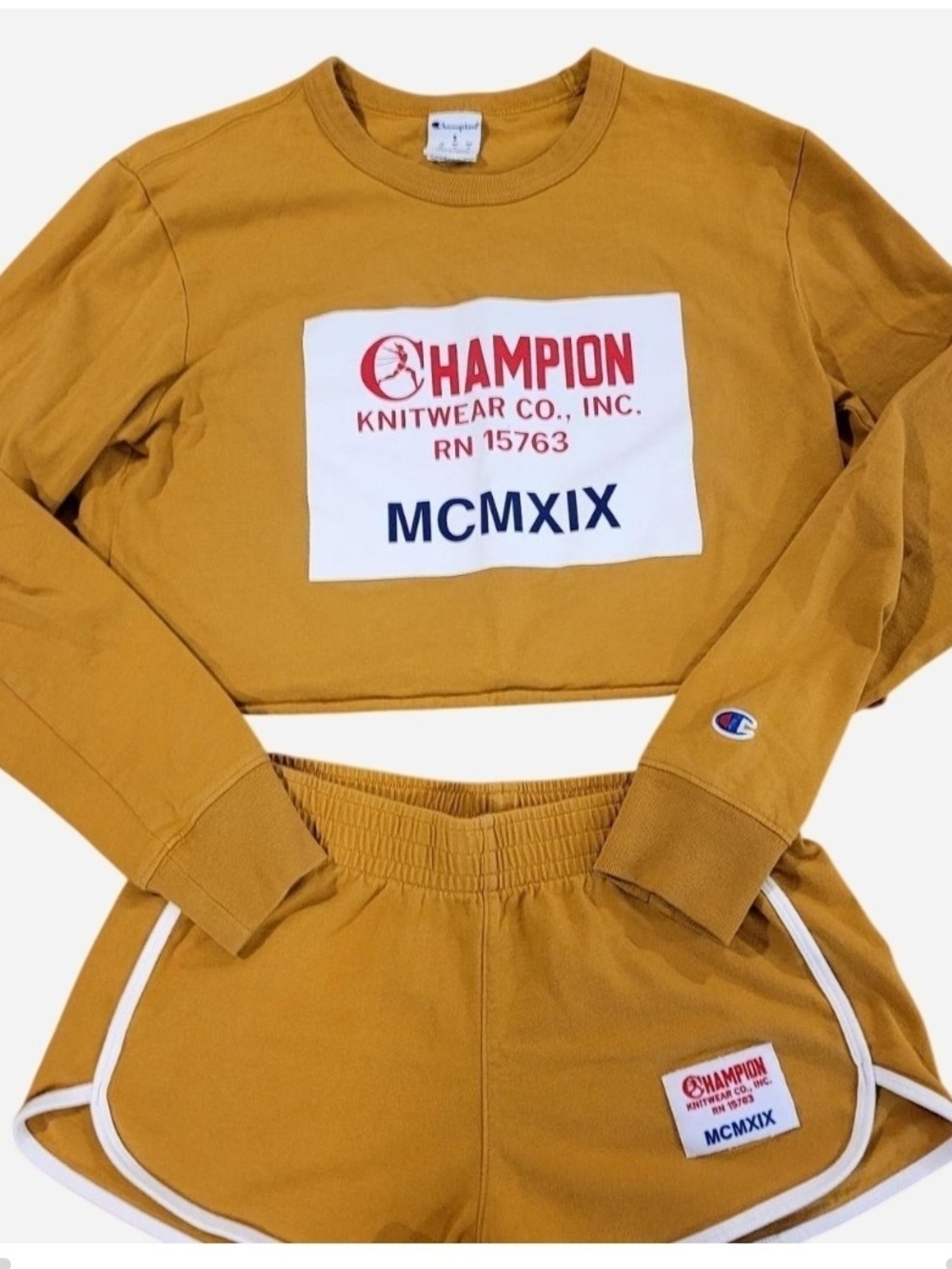 Champion Retro Mustard Cropped Sweatshirt And Shorts Set- Vintage Style